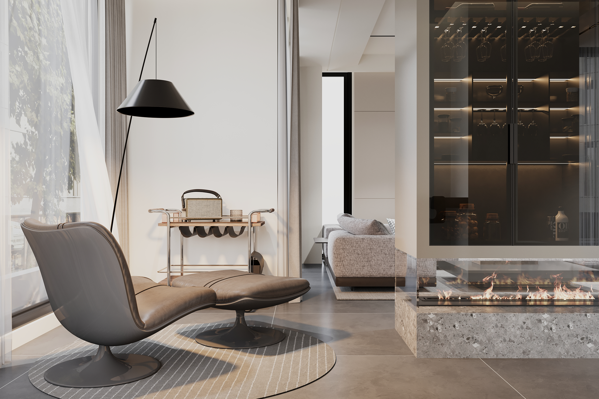 Modern luxury living room with fireplace and elegant lounge chair in West Hills